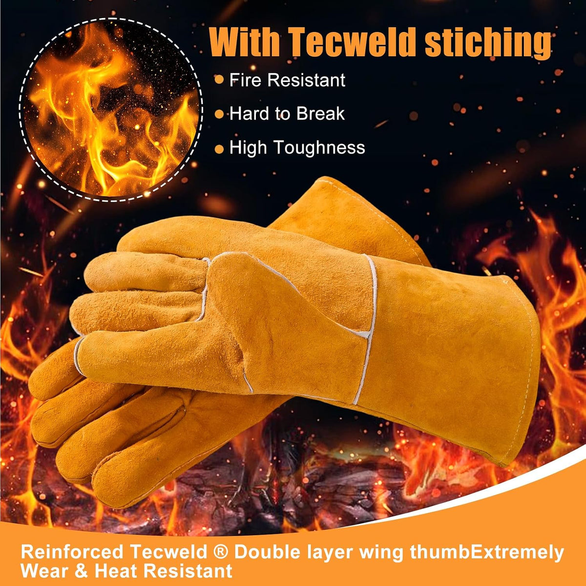 14IN Welding Gloves 932℉ Fire & Heat Resistant - Premium Leather Forge Gloves for Welder, Blacksmith, Fireplace, Wood Stove, Fire Pit, Grilling, Furnace