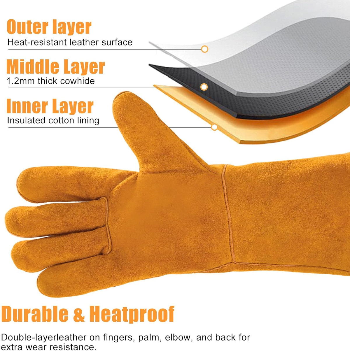 14IN Welding Gloves 932℉ Fire & Heat Resistant - Premium Leather Forge Gloves for Welder, Blacksmith, Fireplace, Wood Stove, Fire Pit, Grilling, Furnace