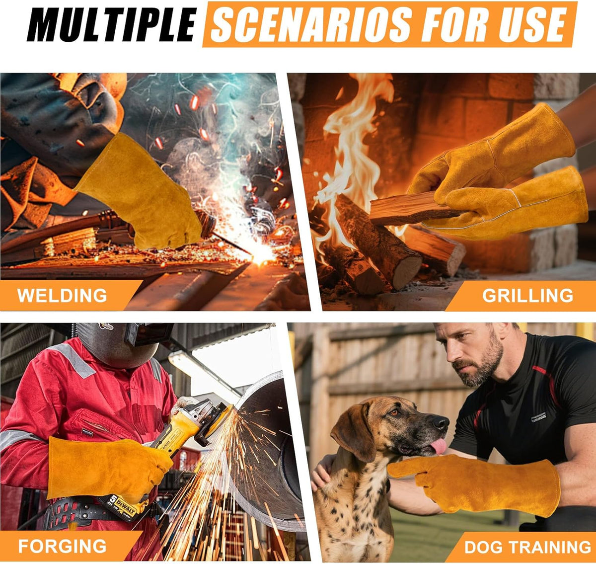 14IN Welding Gloves 932℉ Fire & Heat Resistant - Premium Leather Forge Gloves for Welder, Blacksmith, Fireplace, Wood Stove, Fire Pit, Grilling, Furnace