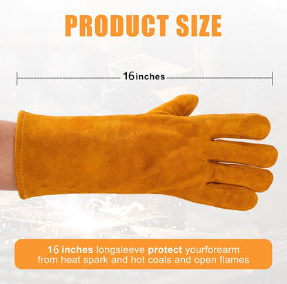 14IN Welding Gloves 932℉ Fire & Heat Resistant - Premium Leather Forge Gloves for Welder, Blacksmith, Fireplace, Wood Stove, Fire Pit, Grilling, Furnace