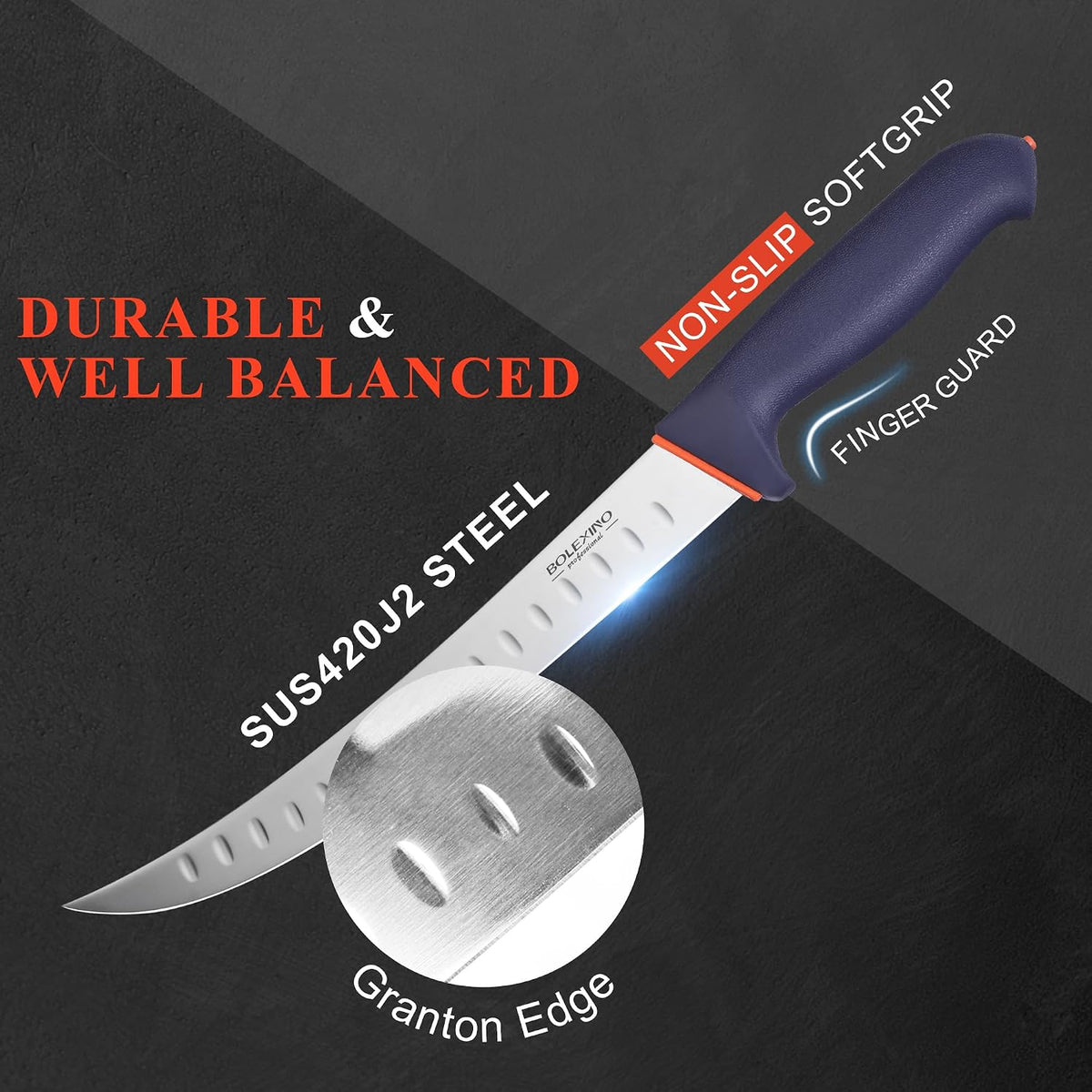 Brisket Slicing Knife, 12" Carving Knife W/Granton Edge for Meat | High carbon steel stays sharp, Granton edge for smooth cuts, Non-slip handle for firm grip, Ideal for brisket & turkey.