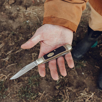 96OT Bearhead Trapper 7.4in Traditional Folding Pocket Knife with 2 High Carbon SS Blades, Sawcut Handle, Tweezers, and Convenient Size for EDC, Hunting, Camping, Whittling, and Outdoors