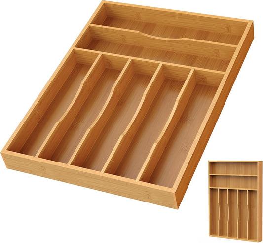 Bamboo Silverware Organizer, 12 Inch Bamboo Kitchen Drawer Cutlery Organizer, Utensil Holder, Flatware Organizer Tray (15.8"x11.9"x1.6")