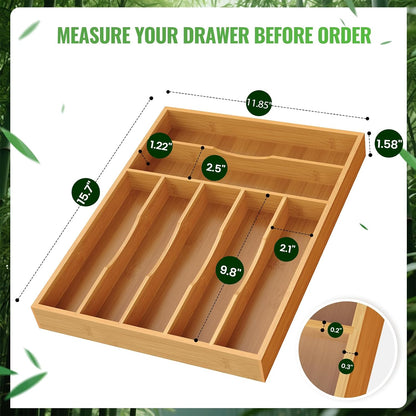 Bamboo Silverware Organizer, 12 Inch Bamboo Kitchen Drawer Cutlery Organizer, Utensil Holder, Flatware Organizer Tray (15.8"x11.9"x1.6")