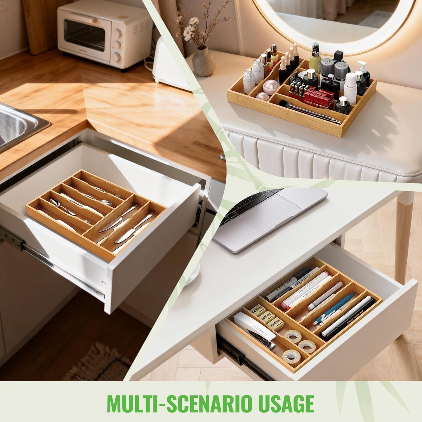Bamboo Silverware Organizer, 12 Inch Bamboo Kitchen Drawer Cutlery Organizer, Utensil Holder, Flatware Organizer Tray (15.8"x11.9"x1.6")