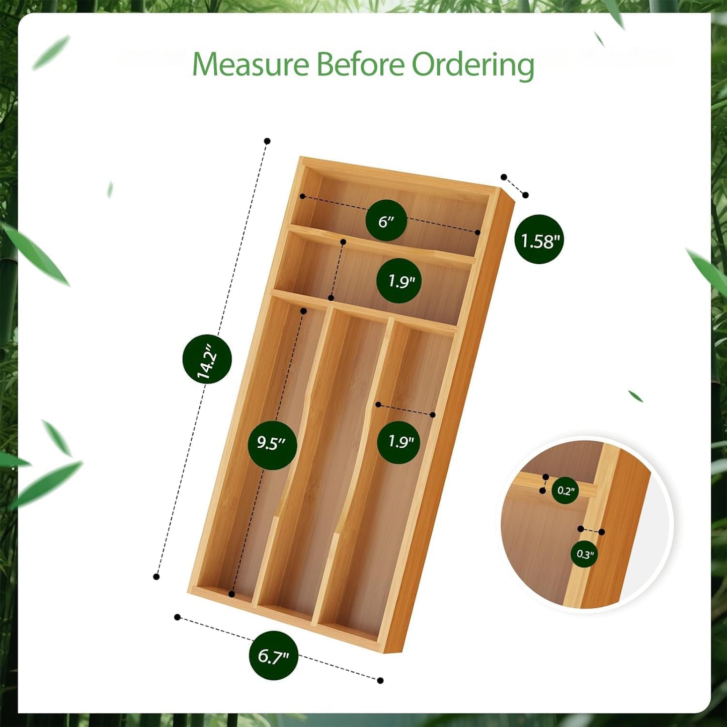 Bamboo Silverware Organizer, 12 Inch Bamboo Kitchen Drawer Cutlery Organizer, Utensil Holder, Flatware Organizer Tray (15.8"x11.9"x1.6")