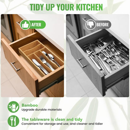 Bamboo Silverware Organizer, 12 Inch Bamboo Kitchen Drawer Cutlery Organizer, Utensil Holder, Flatware Organizer Tray (15.8"x11.9"x1.6")