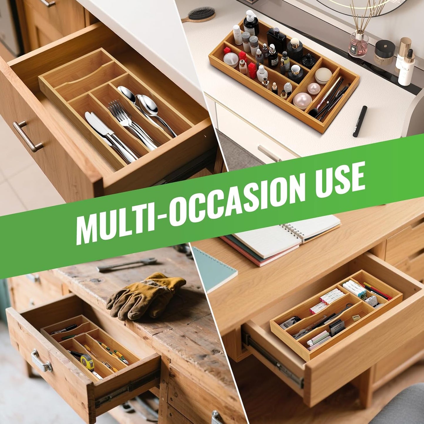 Bamboo Silverware Organizer, 12 Inch Bamboo Kitchen Drawer Cutlery Organizer, Utensil Holder, Flatware Organizer Tray (15.8"x11.9"x1.6")