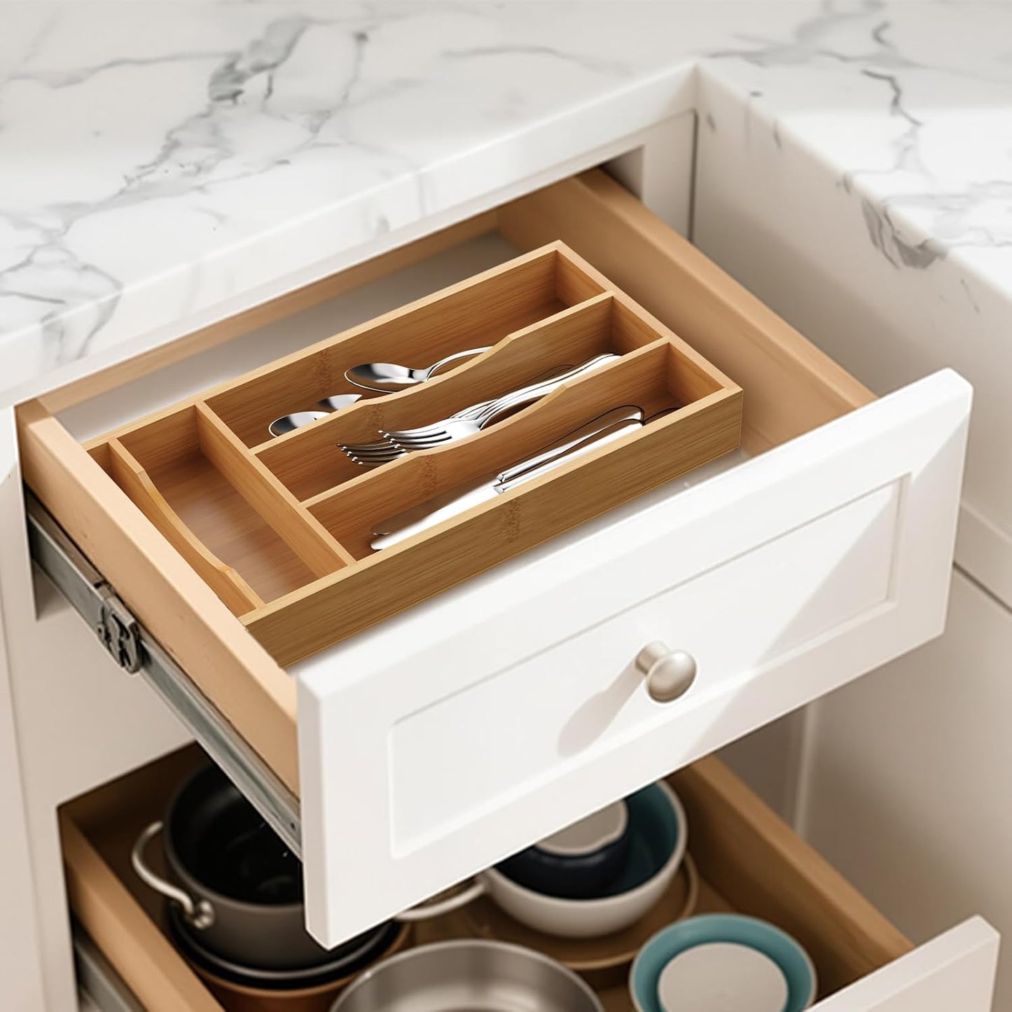 Bamboo Silverware Organizer, 12 Inch Bamboo Kitchen Drawer Cutlery Organizer, Utensil Holder, Flatware Organizer Tray (15.8"x11.9"x1.6")