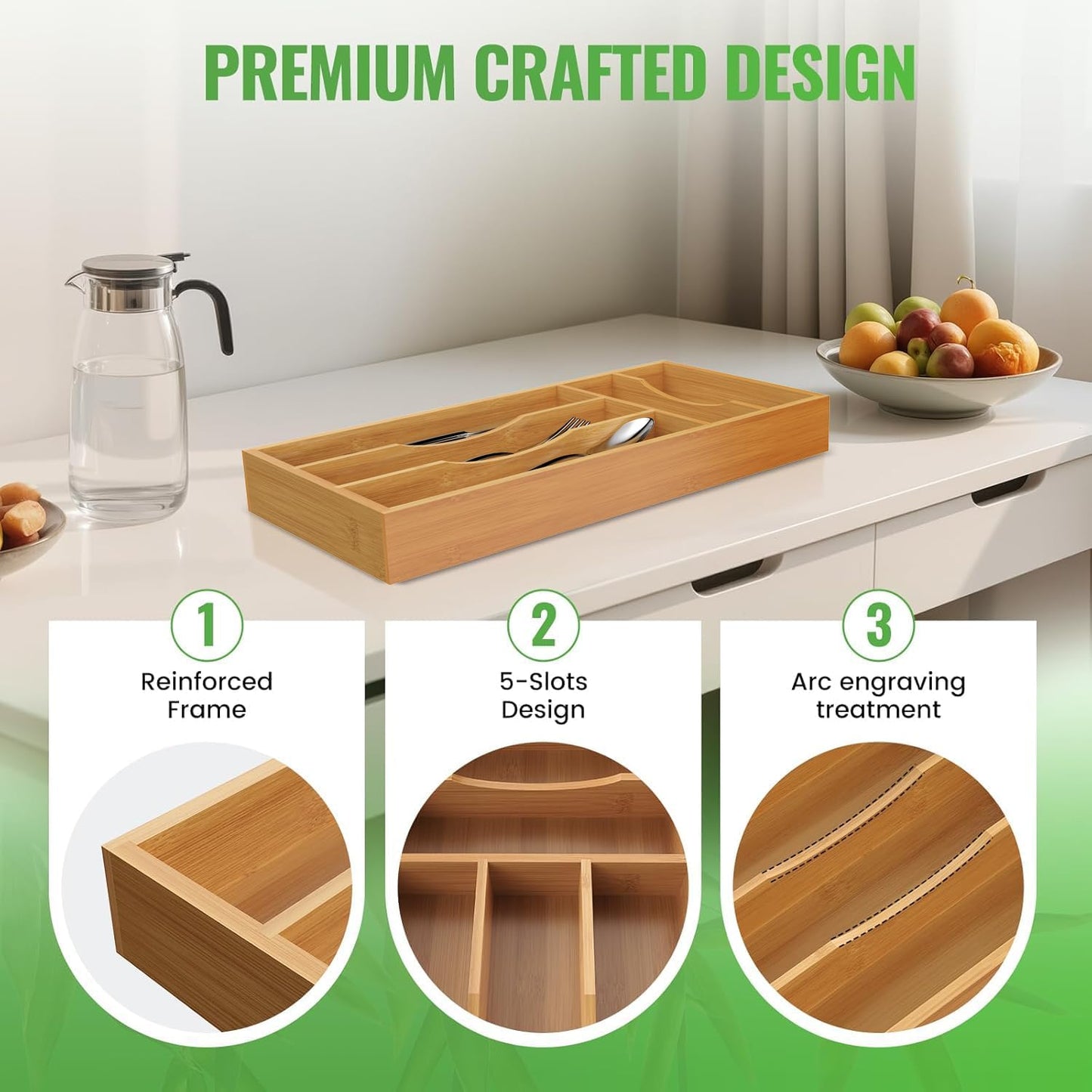 Bamboo Silverware Organizer, 12 Inch Bamboo Kitchen Drawer Cutlery Organizer, Utensil Holder, Flatware Organizer Tray (15.8"x11.9"x1.6")