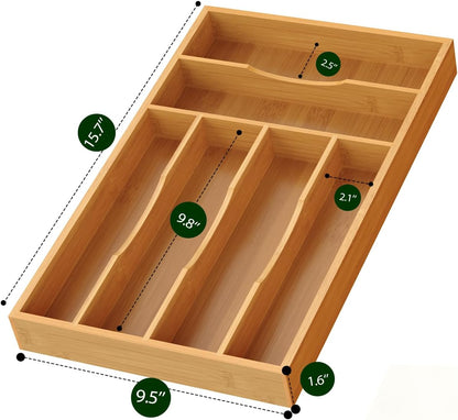 Bamboo Silverware Organizer, 12 Inch Bamboo Kitchen Drawer Cutlery Organizer, Utensil Holder, Flatware Organizer Tray (15.8"x11.9"x1.6")