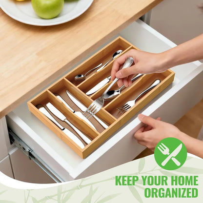 Bamboo Silverware Organizer, 12 Inch Bamboo Kitchen Drawer Cutlery Organizer, Utensil Holder, Flatware Organizer Tray (15.8"x11.9"x1.6")