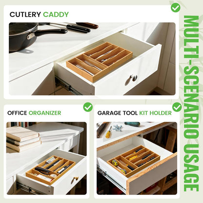 Bamboo Silverware Organizer, 12 Inch Bamboo Kitchen Drawer Cutlery Organizer, Utensil Holder, Flatware Organizer Tray (15.8"x11.9"x1.6")