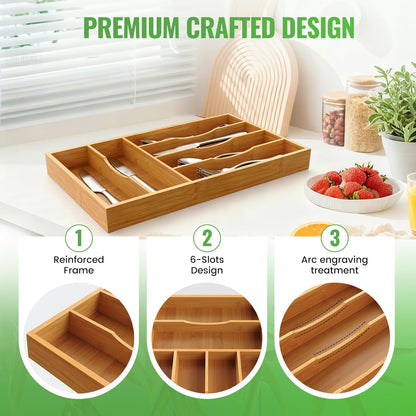 Bamboo Silverware Organizer, 12 Inch Bamboo Kitchen Drawer Cutlery Organizer, Utensil Holder, Flatware Organizer Tray (15.8"x11.9"x1.6")
