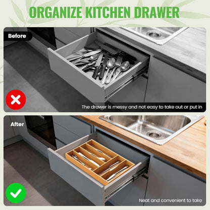Bamboo Silverware Organizer, 12 Inch Bamboo Kitchen Drawer Cutlery Organizer, Utensil Holder, Flatware Organizer Tray (15.8"x11.9"x1.6")