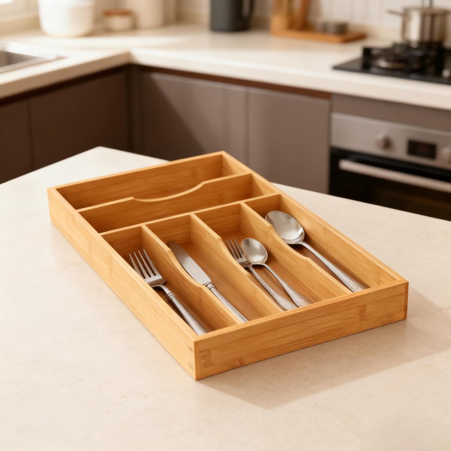 Bamboo Silverware Organizer, 12 Inch Bamboo Kitchen Drawer Cutlery Organizer, Utensil Holder, Flatware Organizer Tray (15.8"x11.9"x1.6")