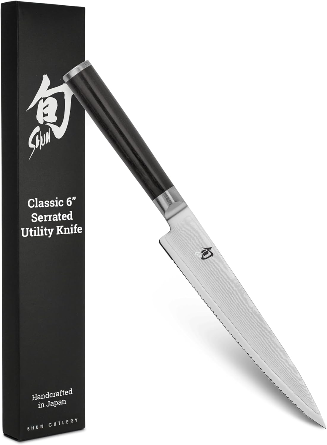 Classic 6" Serrated Utility Knife, Handcrafted Japanese Knife, VG-MAX Core with Damascus Stainless Steel Cladding, Pakkawood Handle, Precision and Sharpness for Professional and Home Chefs