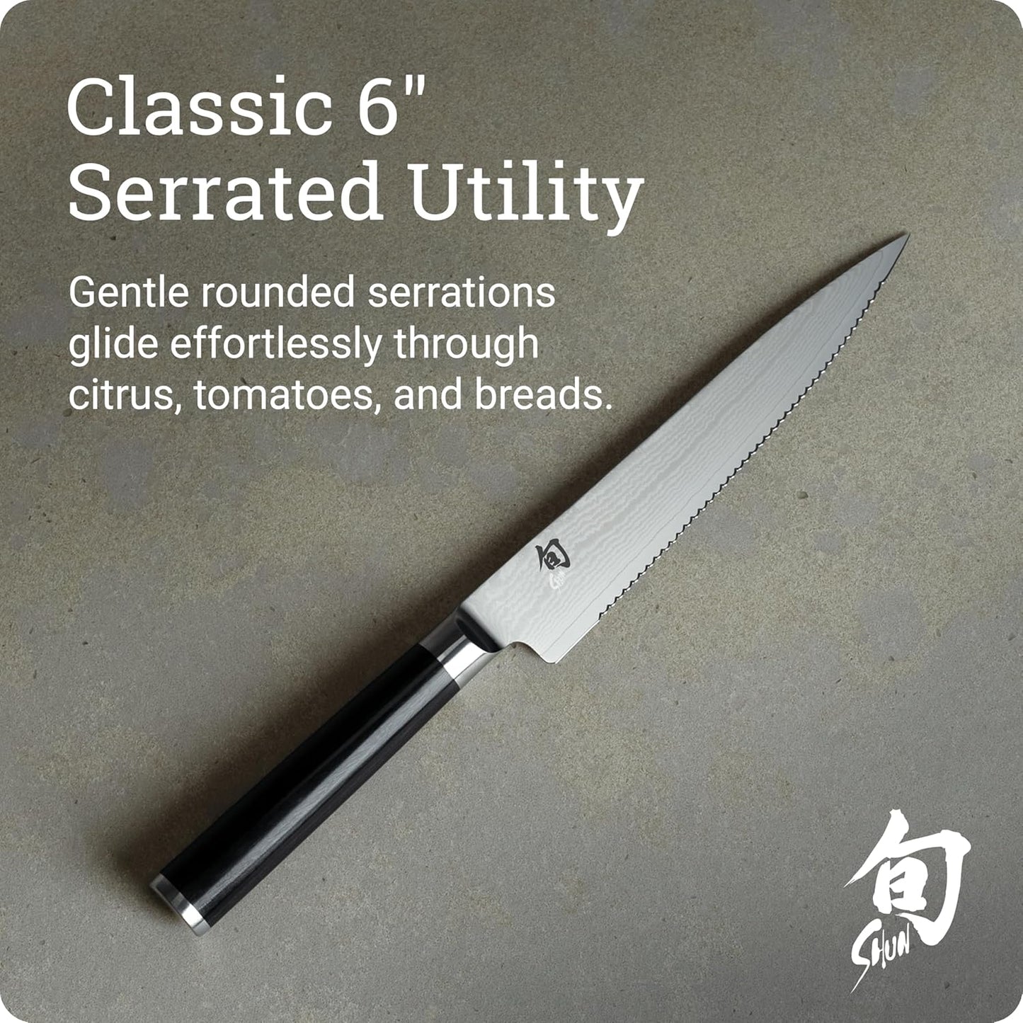 Classic 6" Serrated Utility Knife, Handcrafted Japanese Knife, VG-MAX Core with Damascus Stainless Steel Cladding, Pakkawood Handle, Precision and Sharpness for Professional and Home Chefs