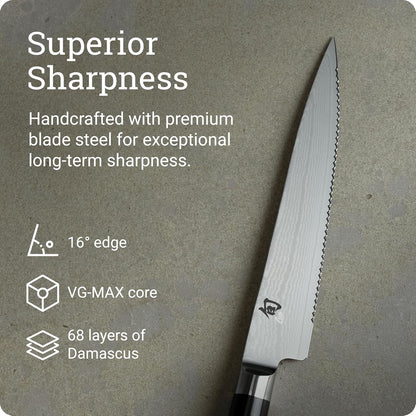 Classic 6" Serrated Utility Knife, Handcrafted Japanese Knife, VG-MAX Core with Damascus Stainless Steel Cladding, Pakkawood Handle, Precision and Sharpness for Professional and Home Chefs