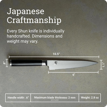 Classic 6" Serrated Utility Knife, Handcrafted Japanese Knife, VG-MAX Core with Damascus Stainless Steel Cladding, Pakkawood Handle, Precision and Sharpness for Professional and Home Chefs