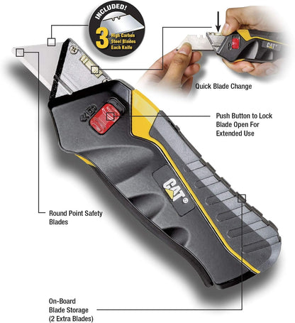 Safety Utility Knife Box Cutter Self-Retracting, Squeeze Handle to Extend, Release to Retract, Lock Open w/Switch, Ergo Handle w/ 3 Safety-Tip Blades That Store Inside - 240071