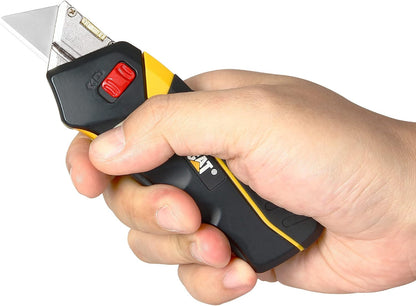 Safety Utility Knife Box Cutter Self-Retracting, Squeeze Handle to Extend, Release to Retract, Lock Open w/Switch, Ergo Handle w/ 3 Safety-Tip Blades That Store Inside - 240071