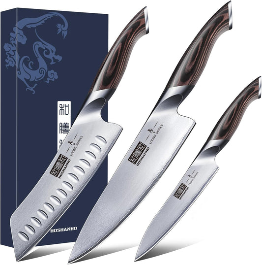 3 Pieces Knife Set, Professional Japanese Kitchen Knife Set | Ultra Sharp Japanese High Carbon Stainless Steel Chef Knives Sets with Ergonomic Pakkawood Handle
