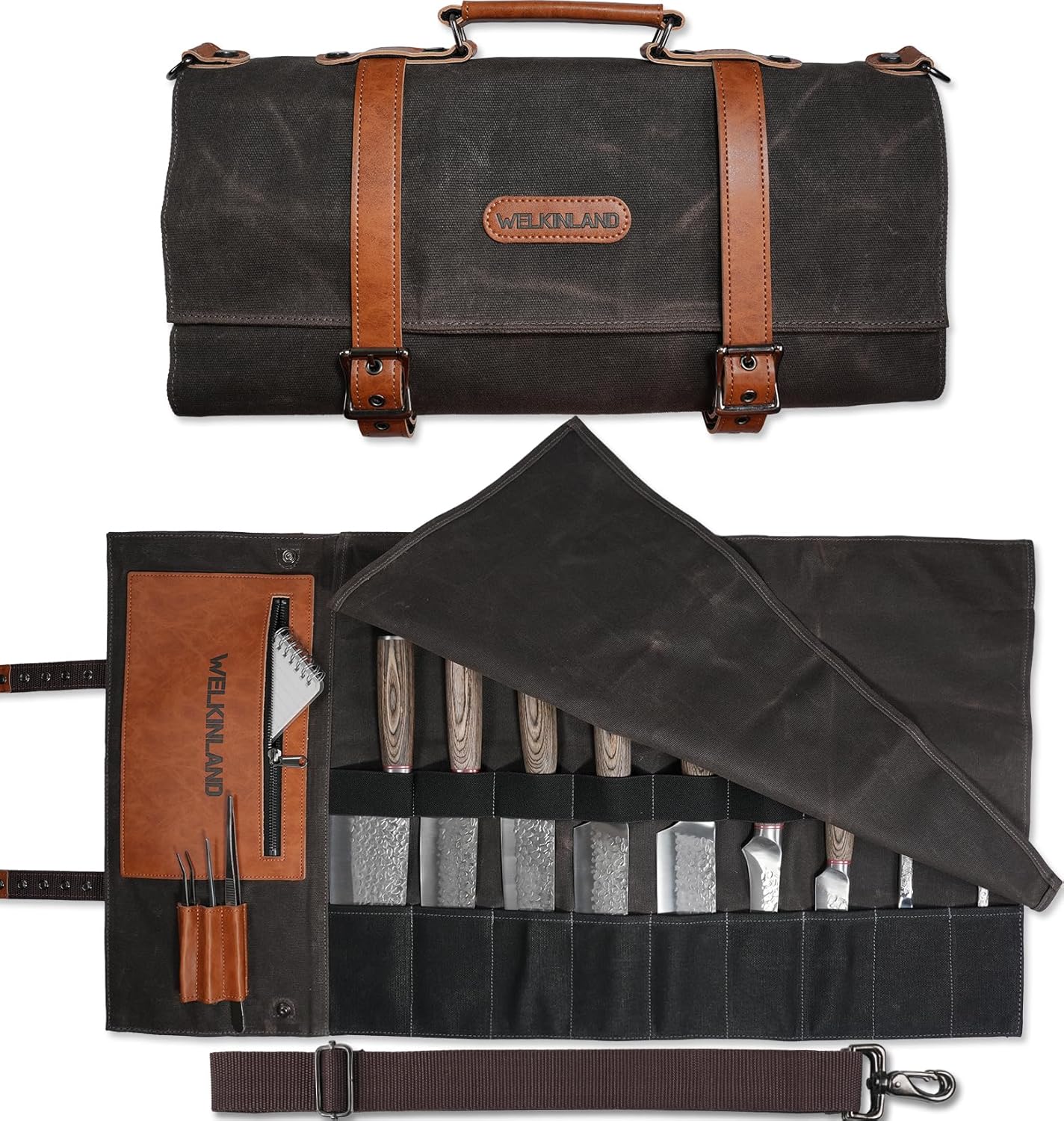 13-Pocket Knife Roll, Waxed-Canvas Leather Knife Roll Bag, Heavy-Duty Chef Knife Roll Bag, WaterProof Knife Wrap Roll, Portable Chef Knife Roll Up, Chef Knife Bags And Rolls