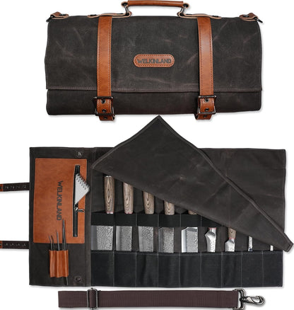 13-Pocket Knife Roll, Waxed-Canvas Leather Knife Roll Bag, Heavy-Duty Chef Knife Roll Bag, WaterProof Knife Wrap Roll, Portable Chef Knife Roll Up, Chef Knife Bags And Rolls