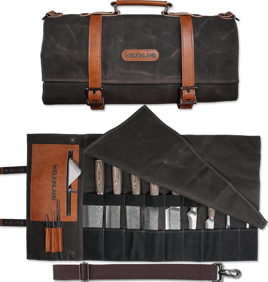 13-Pocket Knife Roll, Waxed-Canvas Leather Knife Roll Bag, Heavy-Duty Chef Knife Roll Bag, WaterProof Knife Wrap Roll, Portable Chef Knife Roll Up, Chef Knife Bags And Rolls
