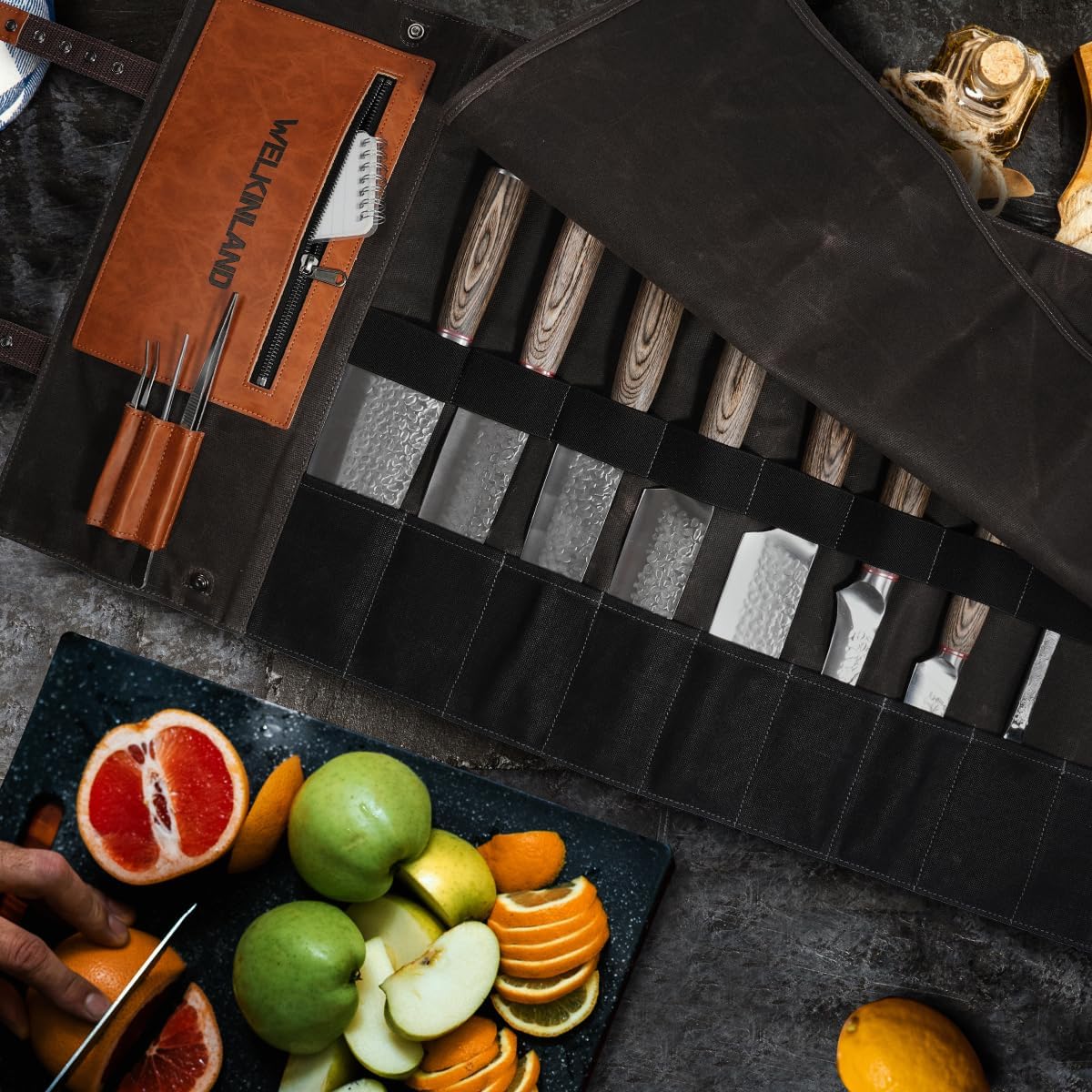 13-Pocket Knife Roll, Waxed-Canvas Leather Knife Roll Bag, Heavy-Duty Chef Knife Roll Bag, WaterProof Knife Wrap Roll, Portable Chef Knife Roll Up, Chef Knife Bags And Rolls
