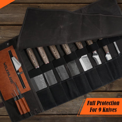 13-Pocket Knife Roll, Waxed-Canvas Leather Knife Roll Bag, Heavy-Duty Chef Knife Roll Bag, WaterProof Knife Wrap Roll, Portable Chef Knife Roll Up, Chef Knife Bags And Rolls