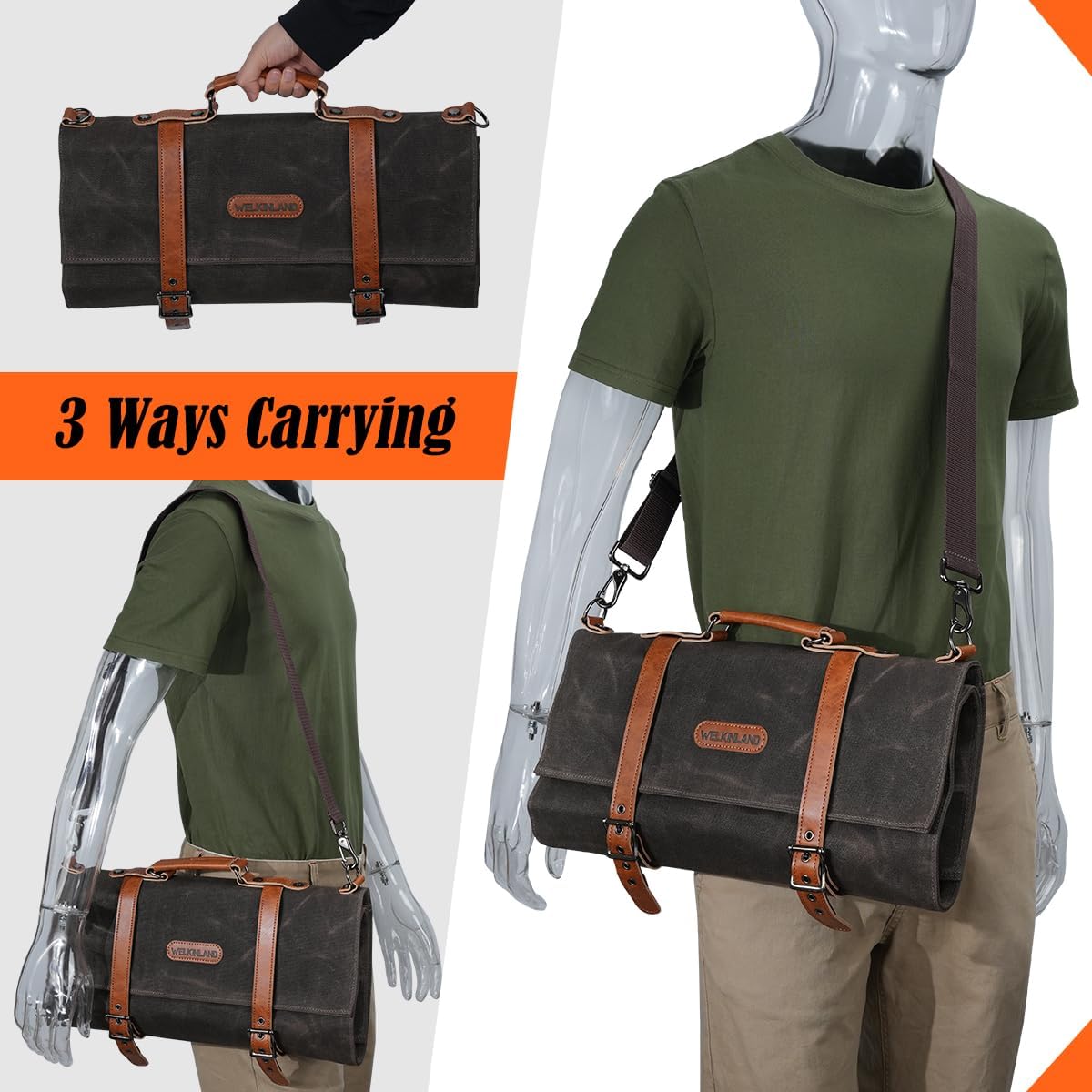 13-Pocket Knife Roll, Waxed-Canvas Leather Knife Roll Bag, Heavy-Duty Chef Knife Roll Bag, WaterProof Knife Wrap Roll, Portable Chef Knife Roll Up, Chef Knife Bags And Rolls