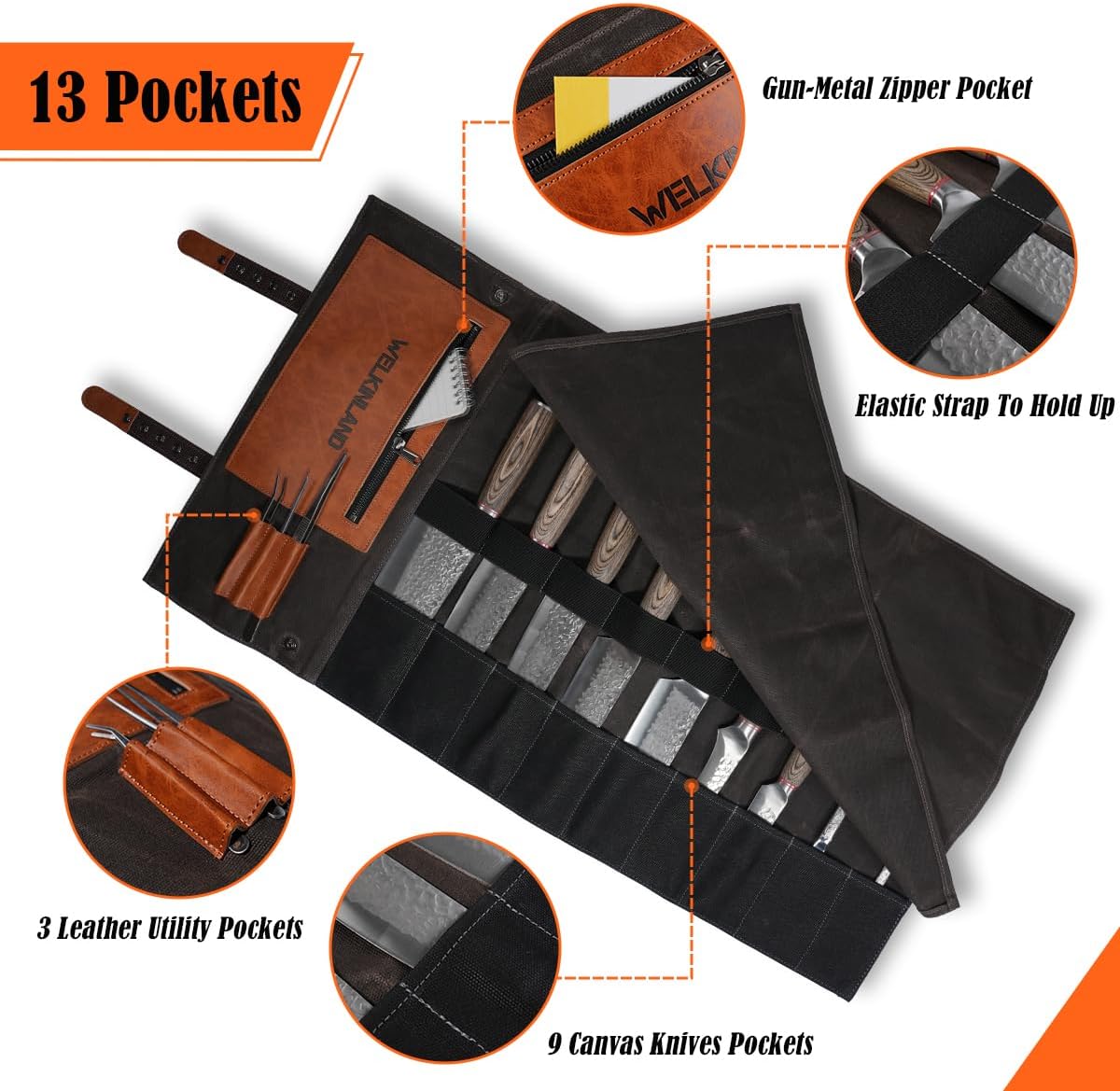 13-Pocket Knife Roll, Waxed-Canvas Leather Knife Roll Bag, Heavy-Duty Chef Knife Roll Bag, WaterProof Knife Wrap Roll, Portable Chef Knife Roll Up, Chef Knife Bags And Rolls