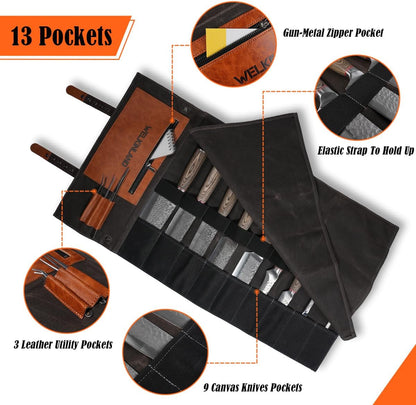 13-Pocket Knife Roll, Waxed-Canvas Leather Knife Roll Bag, Heavy-Duty Chef Knife Roll Bag, WaterProof Knife Wrap Roll, Portable Chef Knife Roll Up, Chef Knife Bags And Rolls