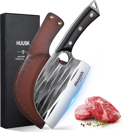 Huusk Upgraded Serbian Chef Knife with Sheath - Hand-forged Butcher Knives | Japanese Heavy Duty Cooking Cleaver with Full Tang Ergonomic Wood Handle for Home, Outdoor Camping, BBQ, Gifts for Men