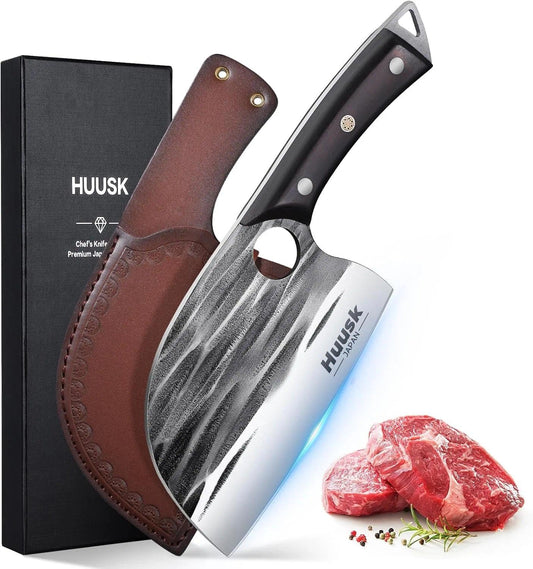 Huusk Upgraded Serbian Chef Knife with Sheath - Hand-forged Butcher Knives | Japanese Heavy Duty Cooking Cleaver with Full Tang Ergonomic Wood Handle for Home, Outdoor Camping, BBQ, Gifts for Men