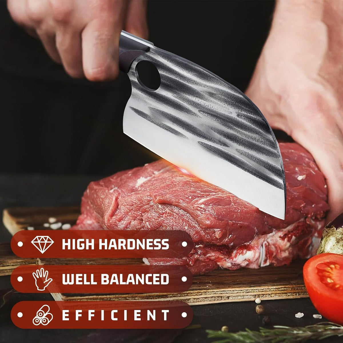 Huusk Upgraded Serbian Chef Knife with Sheath - Hand-forged Butcher Knives | Japanese Heavy Duty Cooking Cleaver with Full Tang Ergonomic Wood Handle for Home, Outdoor Camping, BBQ, Gifts for Men