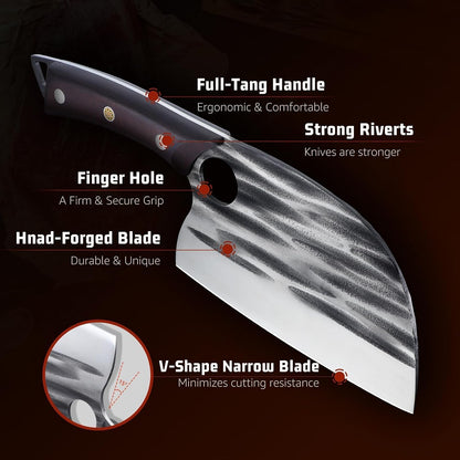 Huusk Upgraded Serbian Chef Knife with Sheath - Hand-forged Butcher Knives | Japanese Heavy Duty Cooking Cleaver with Full Tang Ergonomic Wood Handle for Home, Outdoor Camping, BBQ, Gifts for Men