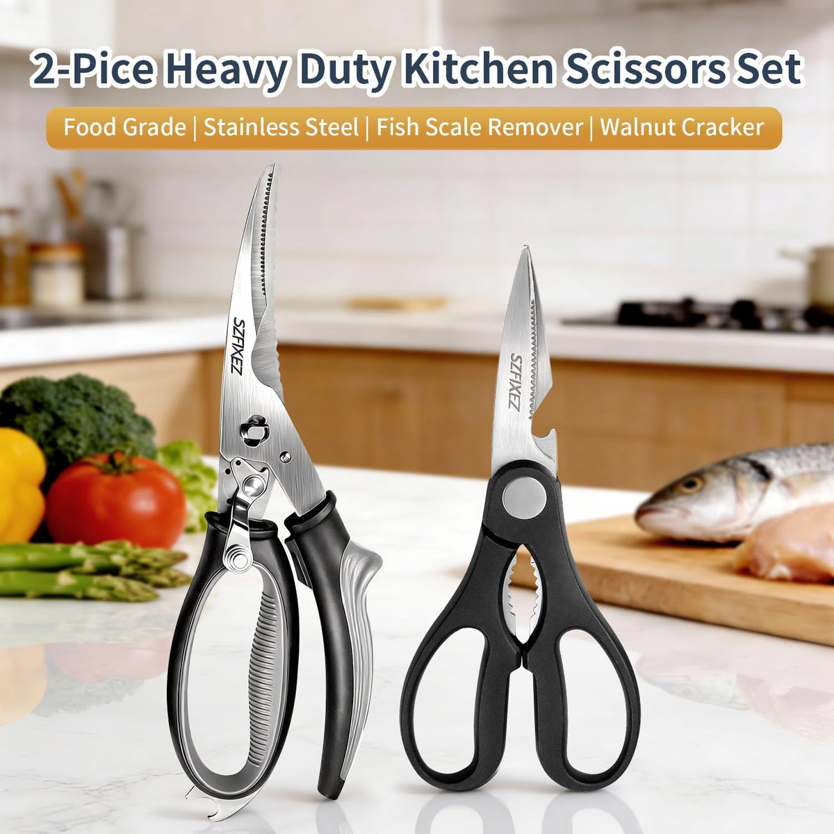 Kitchen Scissors Set 2 Pack, Heavy Duty Detachable Food Grade Stainless Steel Poultry Shears for Chicken Bones, Fish, Meat, Vegetables, Multipurpose Shears with Bottle Opener