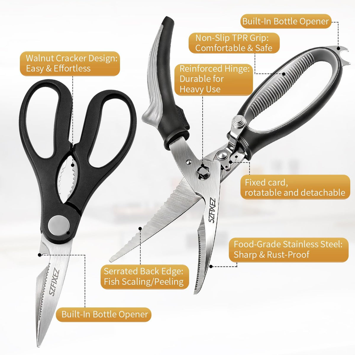 Kitchen Scissors Set 2 Pack, Heavy Duty Detachable Food Grade Stainless Steel Poultry Shears for Chicken Bones, Fish, Meat, Vegetables, Multipurpose Shears with Bottle Opener