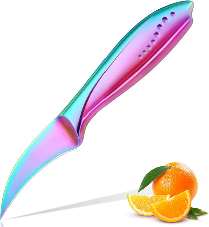 Birds Beak Paring Knife, 2.5 Inch Peeling Knives with Rainbow Titanium Coated High Carbon Stainless Steel Curved Blade for Fruit and Vegetable Garnishing Cutting