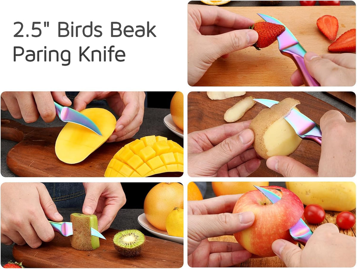 Birds Beak Paring Knife, 2.5 Inch Peeling Knives with Rainbow Titanium Coated High Carbon Stainless Steel Curved Blade for Fruit and Vegetable Garnishing Cutting