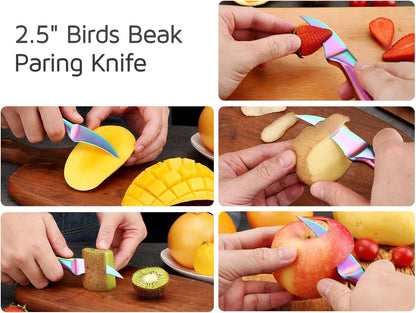 Birds Beak Paring Knife, 2.5 Inch Peeling Knives with Rainbow Titanium Coated High Carbon Stainless Steel Curved Blade for Fruit and Vegetable Garnishing Cutting