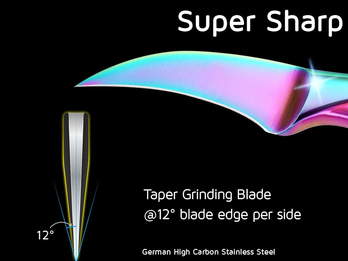 Birds Beak Paring Knife, 2.5 Inch Peeling Knives with Rainbow Titanium Coated High Carbon Stainless Steel Curved Blade for Fruit and Vegetable Garnishing Cutting
