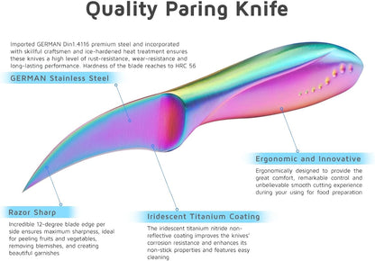 Birds Beak Paring Knife, 2.5 Inch Peeling Knives with Rainbow Titanium Coated High Carbon Stainless Steel Curved Blade for Fruit and Vegetable Garnishing Cutting