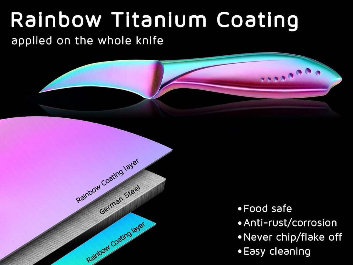 Birds Beak Paring Knife, 2.5 Inch Peeling Knives with Rainbow Titanium Coated High Carbon Stainless Steel Curved Blade for Fruit and Vegetable Garnishing Cutting