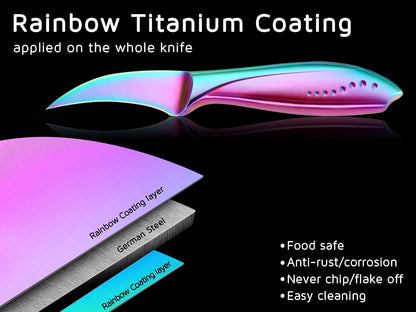 Birds Beak Paring Knife, 2.5 Inch Peeling Knives with Rainbow Titanium Coated High Carbon Stainless Steel Curved Blade for Fruit and Vegetable Garnishing Cutting