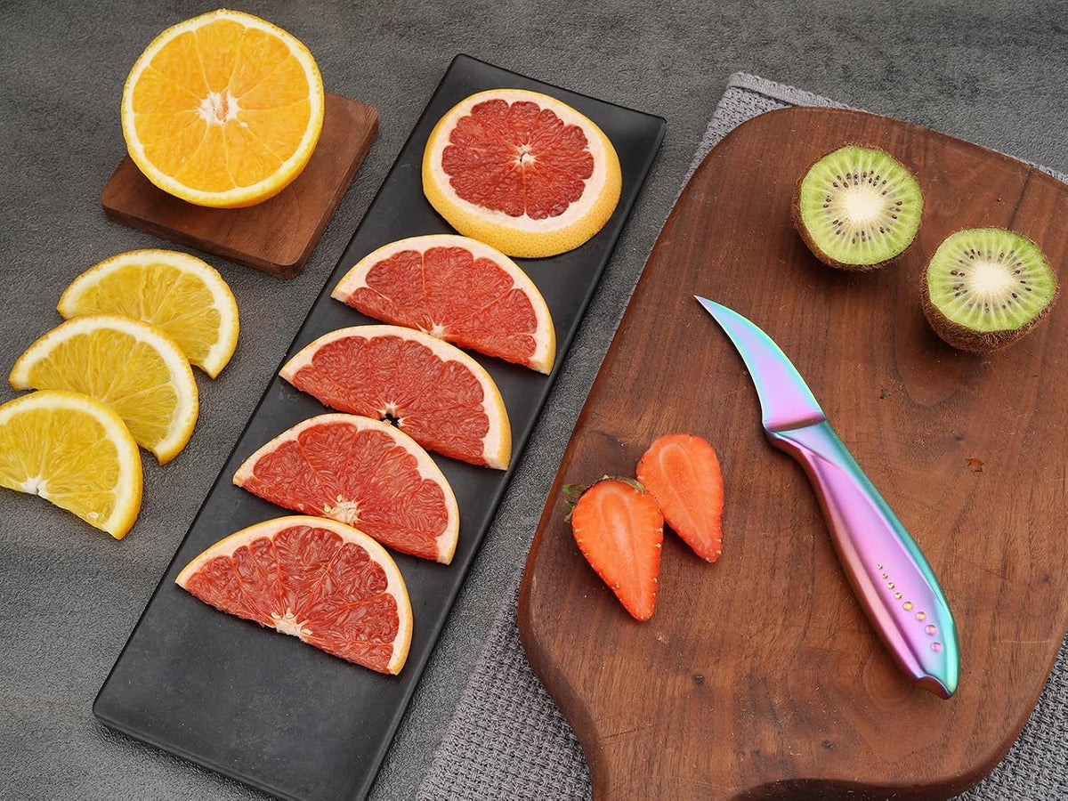 Birds Beak Paring Knife, 2.5 Inch Peeling Knives with Rainbow Titanium Coated High Carbon Stainless Steel Curved Blade for Fruit and Vegetable Garnishing Cutting
