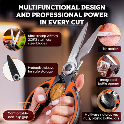 Premium Kitchen Shears, Stainless Steel Food Scissors, Black & Orange
